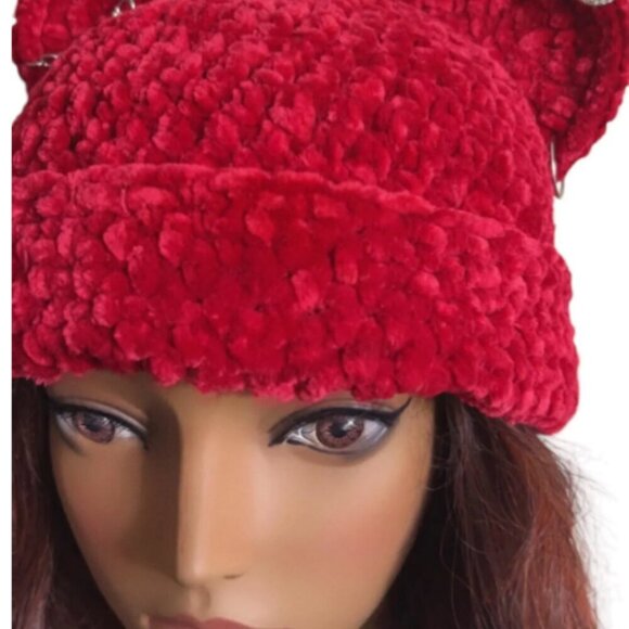 Crochet Bear beanie | Velvet Yarn Winter beanie with Jewelry Accents - Picture 3 of 6